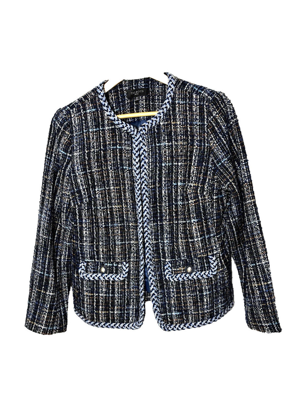 Talbots Petites  Blue Textured Tweed Collarless Open Front Blazer Workwear  10P